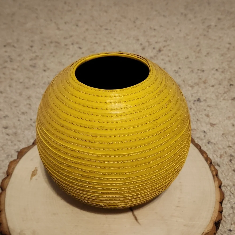 Crate & Barrel Yellow Leather Round Vase